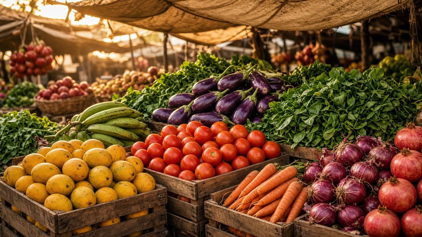 Crates of mangoes, tomatoes, leafy greens and bananas at the Prasad stall
